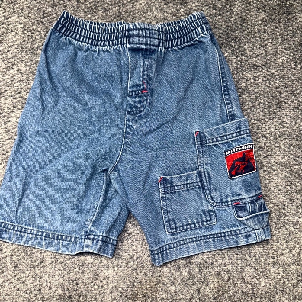 Vintage Batman Cargo Shorts Kids Boys Sz 6 Blue Denim Patch Logo Elastic Waisted